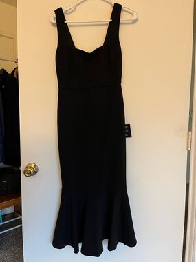 Moment Maker black Square Neck Trumpet Midi Dress